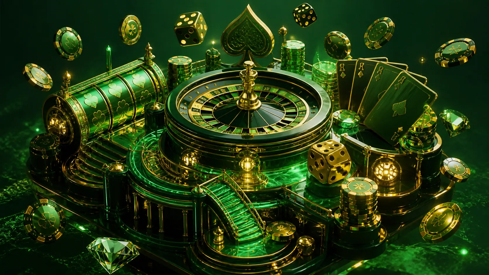 Futuristic Betmica casino banner with neon poker chips, cards, and roulette in vibrant colors